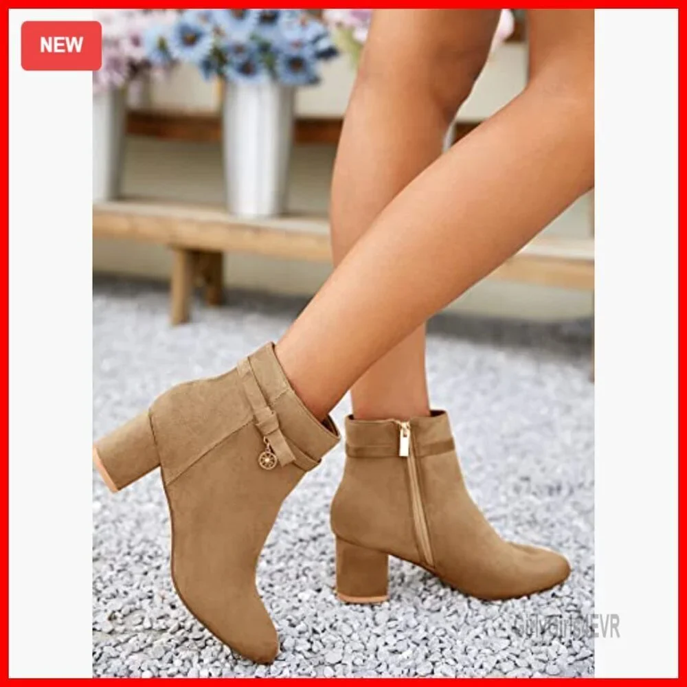 Women's Ankle Boots Chunky Block Heel Vintage Tie Knot Side Zipper Booties